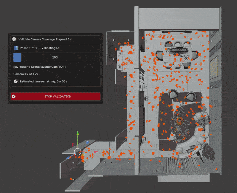 SplatGen checking camera coverage across a Blender scene