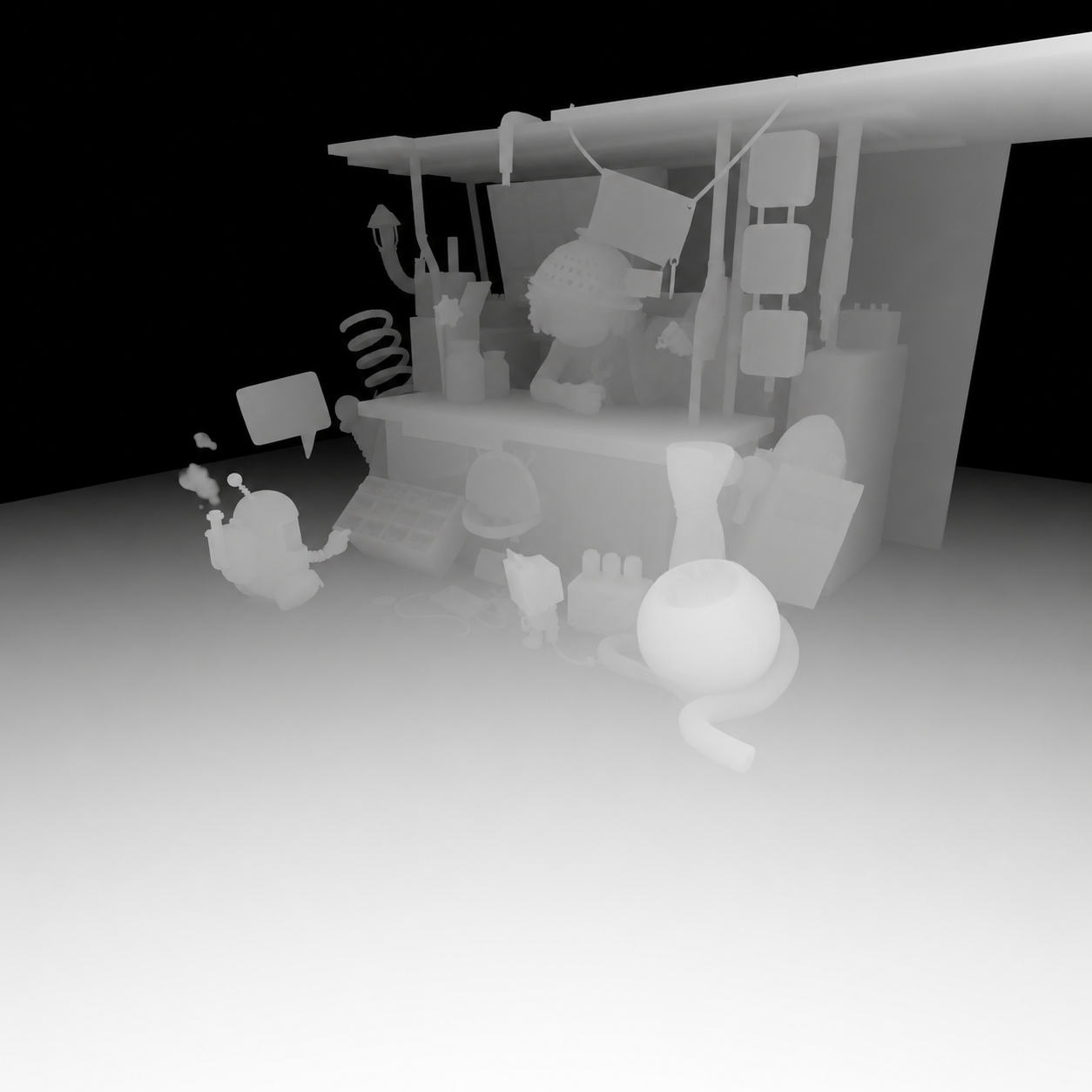 Grayscale depth map of the same Blender scene, showing pixel distance from the camera
